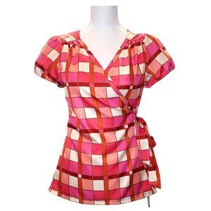 Banana Republic Belted Geometric Print Puff Sleeve Top Pink Orange Wrap Blouse S